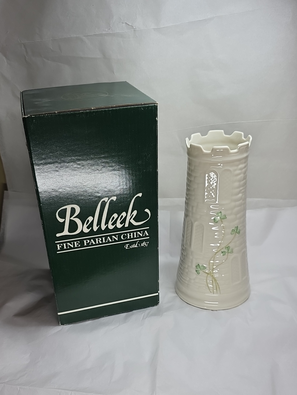Belleek White Parian China Castle Vase 150 Year Anniversary